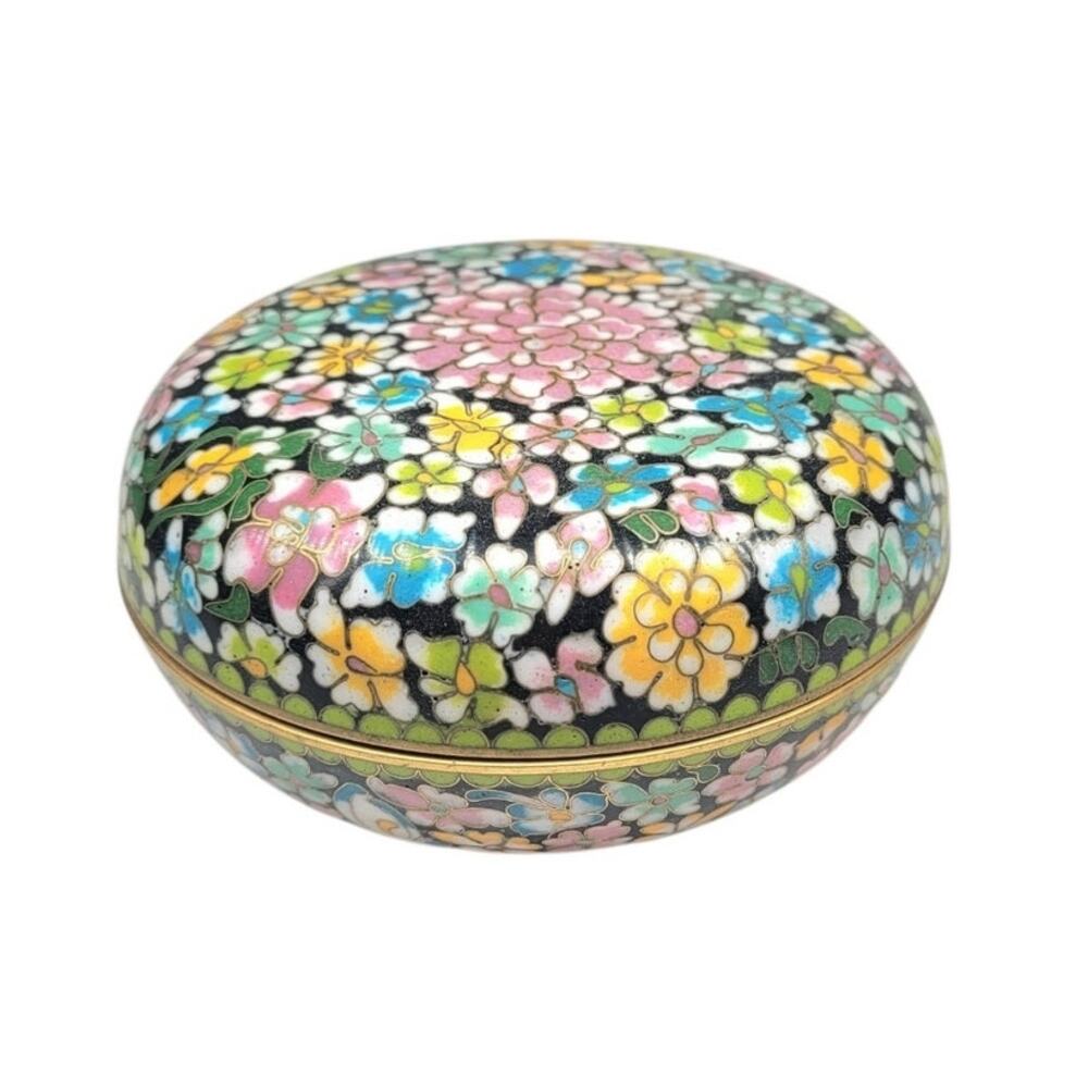 Vintage Chinese Cloisonné Floral Enamel Brass Trinket Jewelry Box Colorful‎